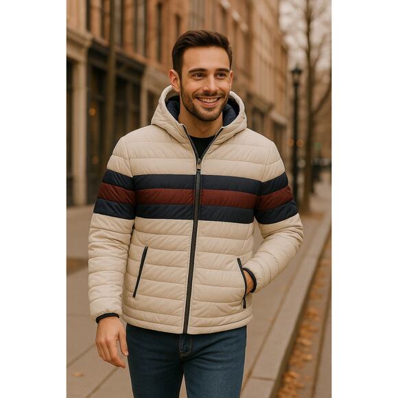 Tommy Hilfiger Mens Large Puffer Jacket White Navy Hooded Spellout Winter Coat - Picture 1 of 11